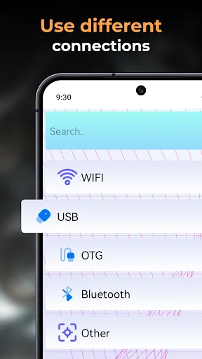 Connection options menu showing WIFI, USB, OTG, Bluetooth, and Other connection types