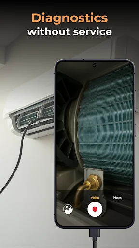 Endoscope app showing air filter inspection view with video and photo capture buttons