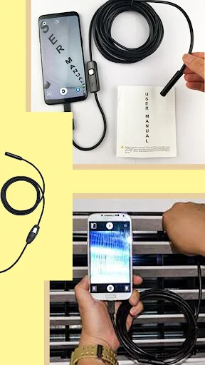 Endoscope camera coiled cable and smartphone displaying engine inspection through app