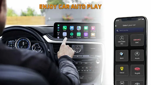 Car Auto Sync CarPlay dashboard interface with app icons, music, maps, and car brand selection menu
