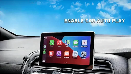 Enable Car Auto Play feature on dashboard screen with messaging, maps, music, and phone app icons