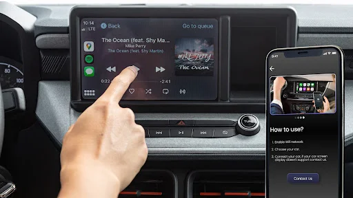 Car Auto Sync music playback on CarPlay dashboard screen with smartphone connection instructions