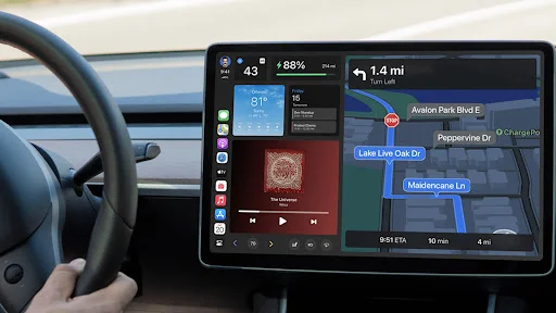 Car Auto Sync dashboard showing parking navigation, temperature, music player, and distance tracking