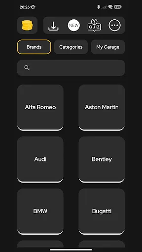 Car Sounds app Brands tab with luxury car manufacturer tiles: Alfa Romeo, Aston Martin, Audi, Bentley, BMW, Bugatti