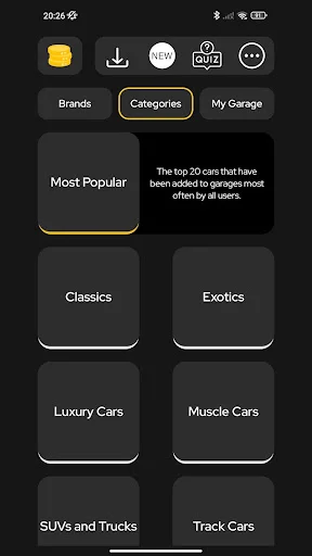 Car Sounds Categories tab showing Most Popular, Classics, Exotics, Luxury Cars, Muscle Cars, SUVs, Trucks, Track Cars