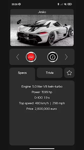 Jesko supercar engine sound player with specs: 5.0L V8 twin-turbo, 1599 hp, 0-100 in 1.9s, 480 km/h top speed