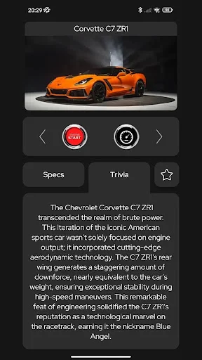 Corvette C7 ZRI supercar engine sound detail view with specifications and performance characteristics