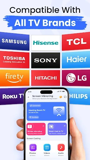 Compatible TV brands interface with casting options for Samsung, LG, Roku and more devices