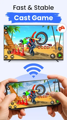 Fast stable Game Casting showing mobile racing game mirrored to TV with WiFi connection