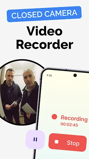 Closed Camera video recorder interface showing active recording with timestamp and stop controls