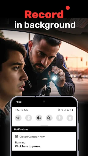 Background video recording with running status notification and pause option control