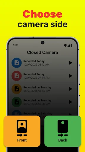 Camera selection interface for choosing Front or Back camera for video recording option