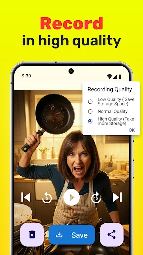 Recording quality settings menu with Low, Normal, and High quality video options available