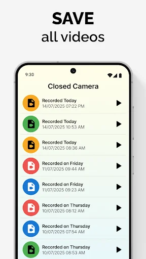 Closed Camera video library listing recorded videos organized by date with playback buttons