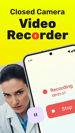 Closed Camera video recorder showing active recording with timer display and stop button