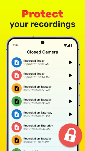 Closed Camera video library with recordings protection feature and security lock icon indicator