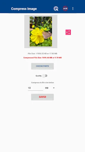 Completed compression result showing flower photo with reduced file size and SAVED status confirmation