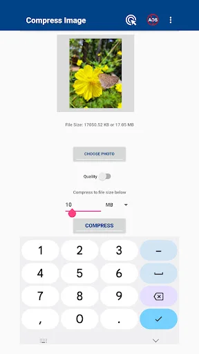 Selected yellow flower photo showing file size 1500.52 x 48 = 17.65 MB with quality slider and numeric keypad for compression settings