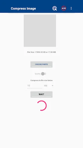 Image compression in progress with loading spinner and Wait button while app processes photo size reduction