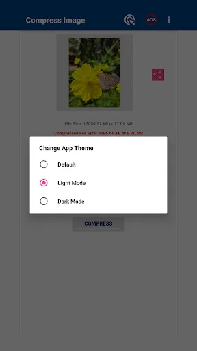 Change App Theme dialog with options for Default, Light Mode, and Dark Mode theme selection for image compression app
