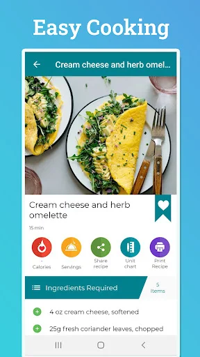 Easy Cooking recipe detail showing Cream cheese herb omelette image, nutritional data, cooking time, and ingredients required