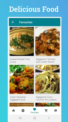 Favorites recipes grid showing Sweet Potato Thai Curry, Eggplant Tomato, Roasted Eggplant, and Eggplant Curry Sri Lankan