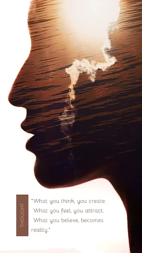 Motivational quotes screen: double exposure silhouette head with mountain landscape inside, thought creation manifestation quote