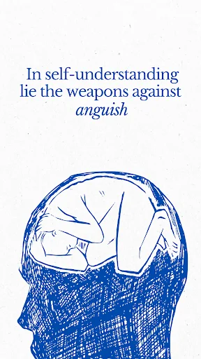 Inspirational quote display: blue brain illustration with self-understanding quote about overcoming anguish and inner strength