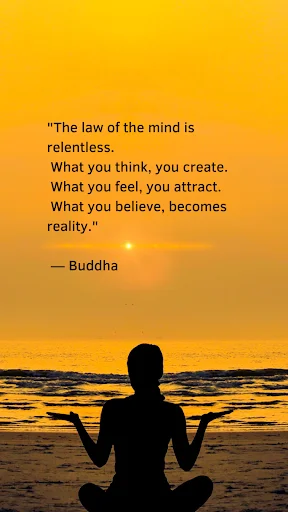 Daily motivation scene: golden sunset beach with meditating silhouette and Buddha wisdom quote on mind manifestation and belief