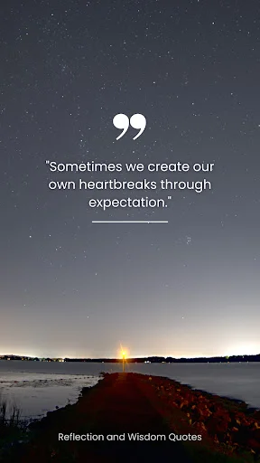 Daily motivation app: starry night sky with sunset over water, displaying reflection wisdom quote about heartbreak and expectations