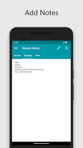 Simple Notes app home screen displaying task list with General, Shopping, and Work category tabs