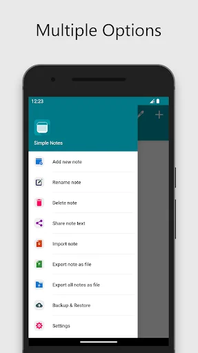 Simple Notes context menu showing options to add, rename, delete, share, import, export, and backup notes