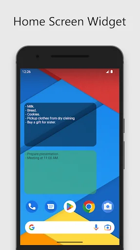 Simple Notes home screen widget displaying tasks, calendar event reminder, and colorful geometric background