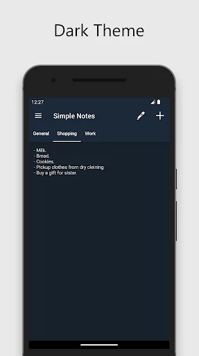 Simple Notes app in dark theme mode showing note categories: General, Shopping, and Work