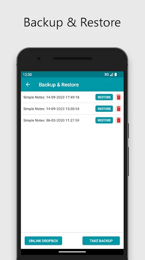 Simple Notes backup and restore settings showing backup history, timestamps, and restore options