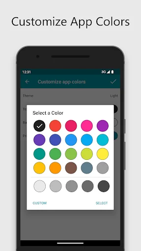 Simple Notes color picker interface with palette of 25+ colors for custom app theme personalization