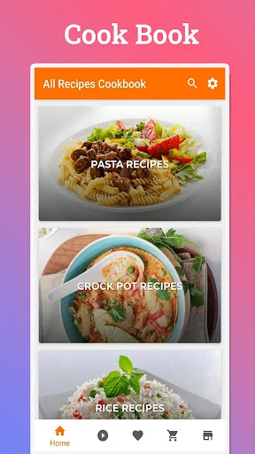 Cook Book home screen with recipe categories: Pasta, Crock Pot, and Rice recipes with navigation