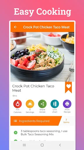 Crock Pot Chicken Taco Meat recipe view with nutritional info, calories, servings, and ingredients