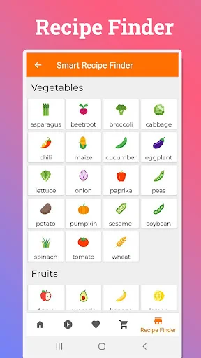 Smart Recipe Finder with ingredient selector featuring vegetables, fruits, and recipe search functionality