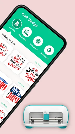 Craft Design app interface with category navigation icons and turquoise cutting machine compatibility