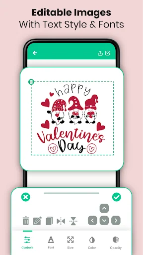 Editable Images feature displaying Valentine's Day design with text style and font customization toolbar