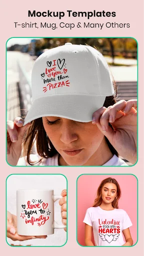 Mockup Templates screen showing customizable t-shirt, mug, cap designs and product previews