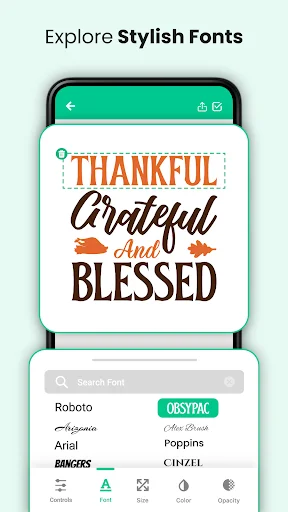 Explore Stylish Fonts screen with design sample and searchable font list including Roboto, Arial, Poppins