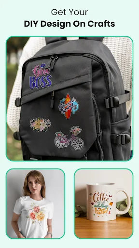 DIY Designs applied to products: custom backpack patches, personalized t-shirt, and decorated coffee mug