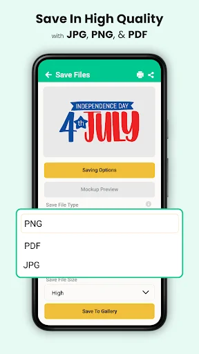 Save Designs screen with file format options: PNG, PDF, and JPG high-quality export choices