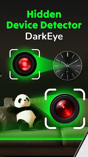 DarkEye Hidden Device Detector app splash screen featuring infrared camera lens icon with green detection beam and digital clock interface