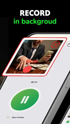 Background video recording feature showing businessman being recorded with timestamp and pause button control