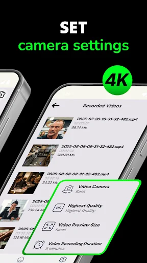 Camera settings menu displaying list of recorded 4K videos with quality options and video recording duration controls