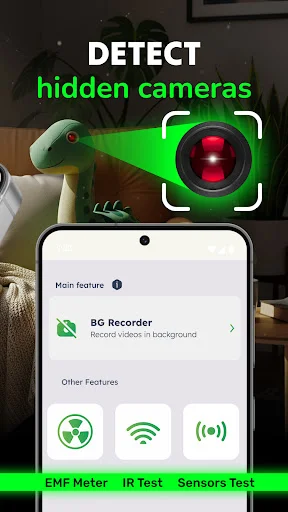 Hidden camera detection main feature showing teddy bear character with green detection beam and BG Recorder, EMF Meter, IR Test options