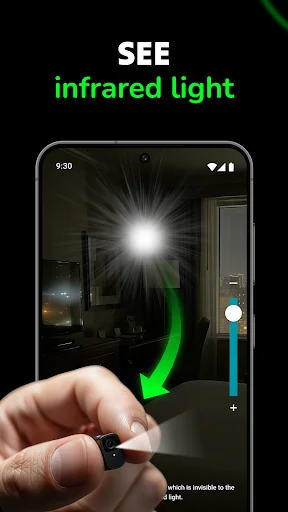 Infrared light detection feature showing bright white LED light visible through phone camera in dark room environment